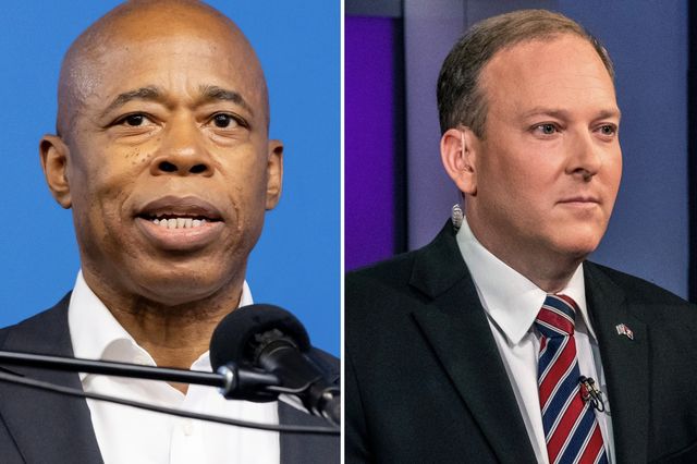 Split screen image of Eric Adams on the left and Lee Zeldin on the right.